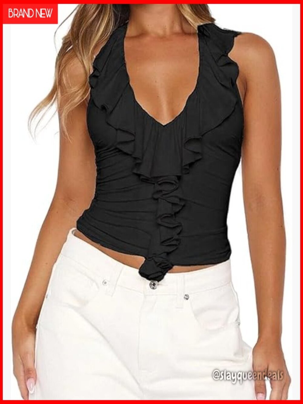 Halter Crop Top Open Back Ruffle V Neck Fitted Double Lined Tank